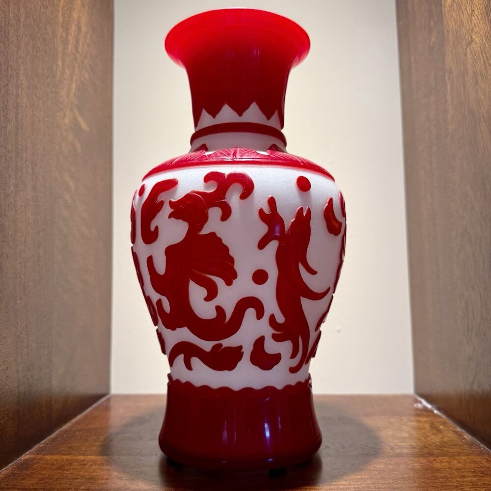 1900's Chinese Ruby Red Overlay Peking Glass Cover 12” Vase Koi